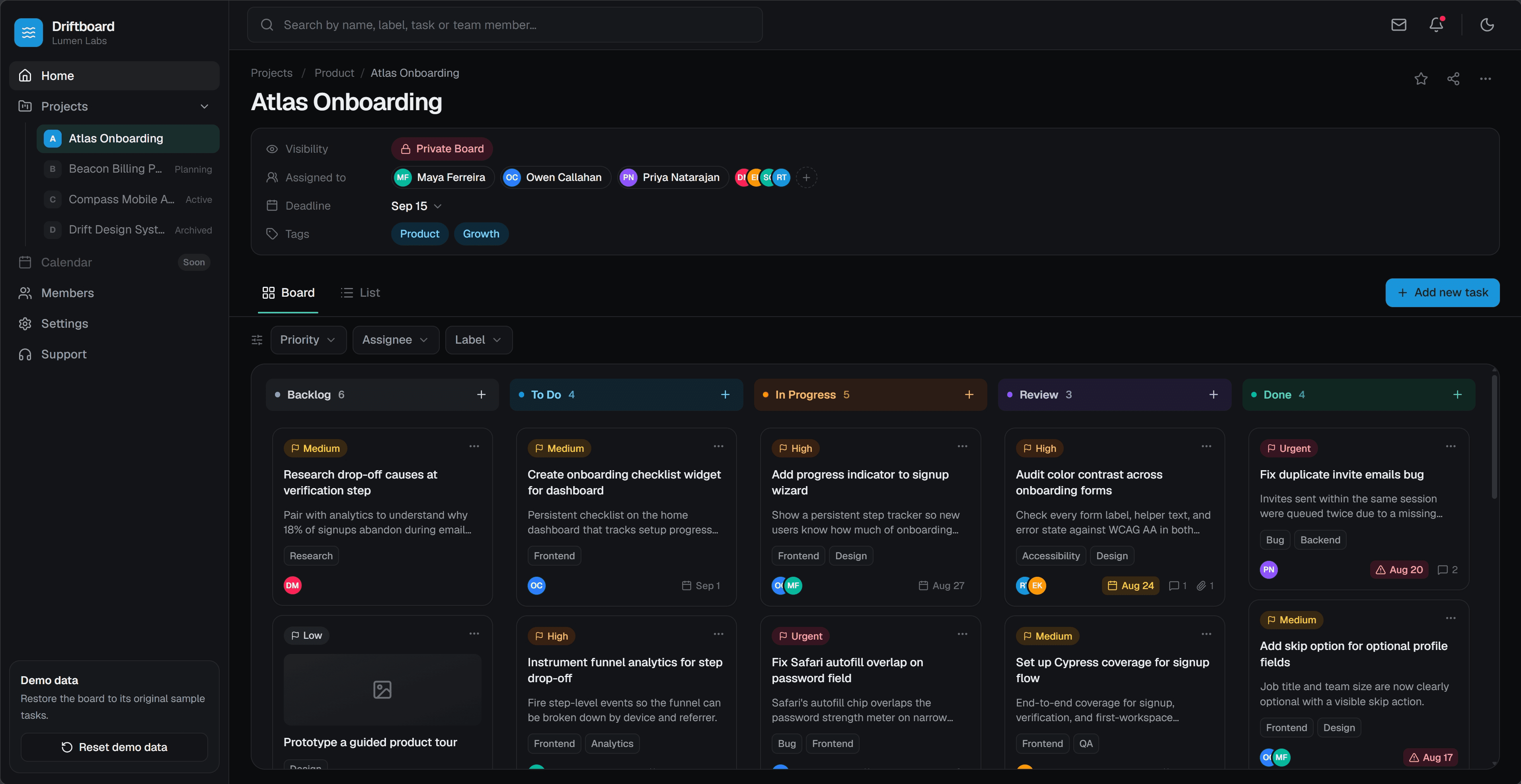 Driftboard Kanban project management dashboard